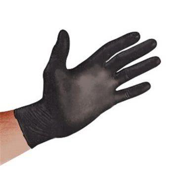 Black examination glove on a hand, ideal for professionals in forensics, emergency services, and cleaning.